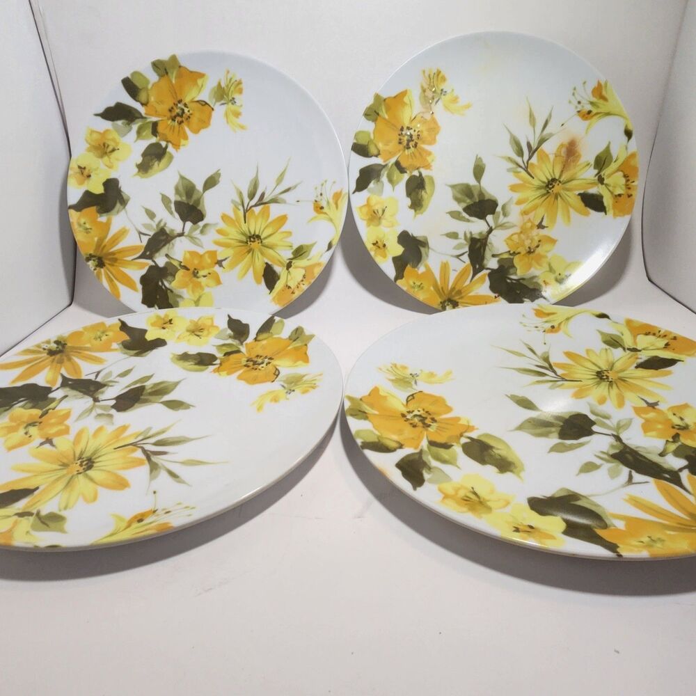 Vintage Texas Ware Melamine Plates Set of 4 Yellow Daisy Floral 10" Dinnerware